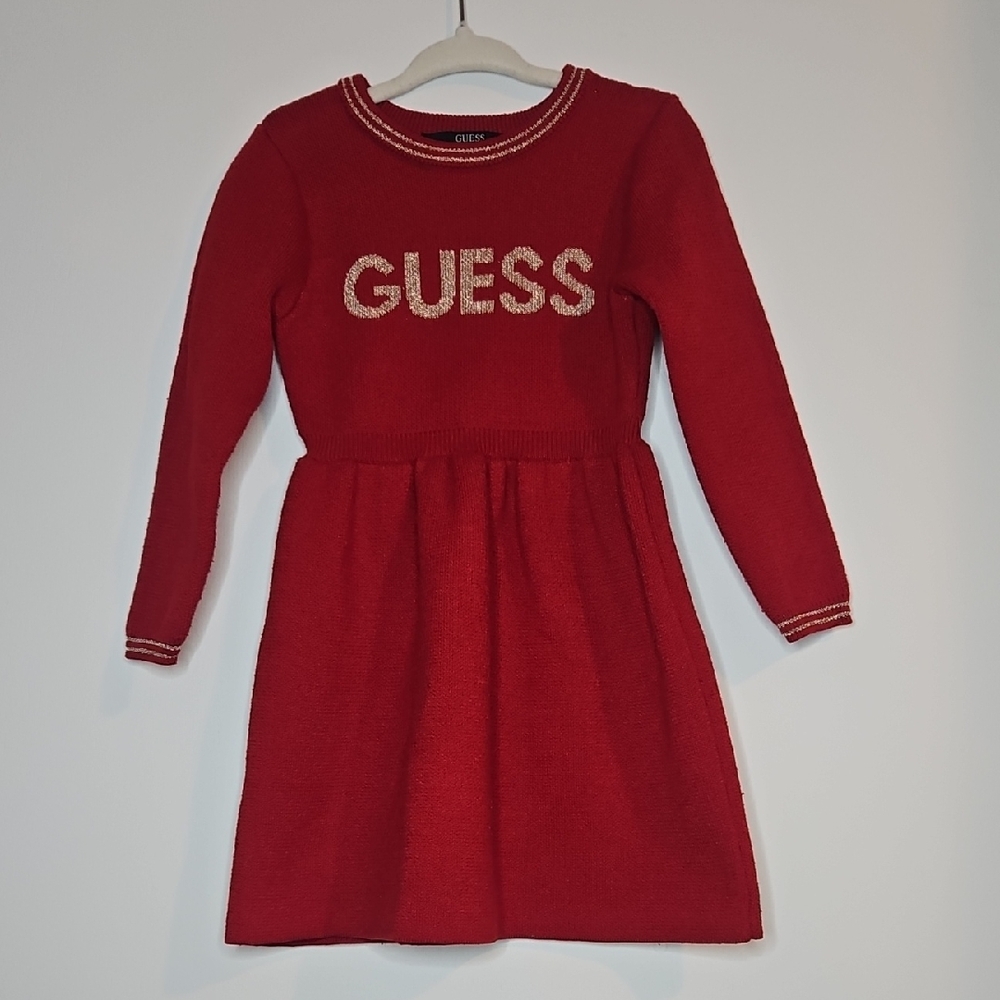 GUESS Kids Vibrant Red Sweater Dress Crew Neck With Gold Logo Sz 3T